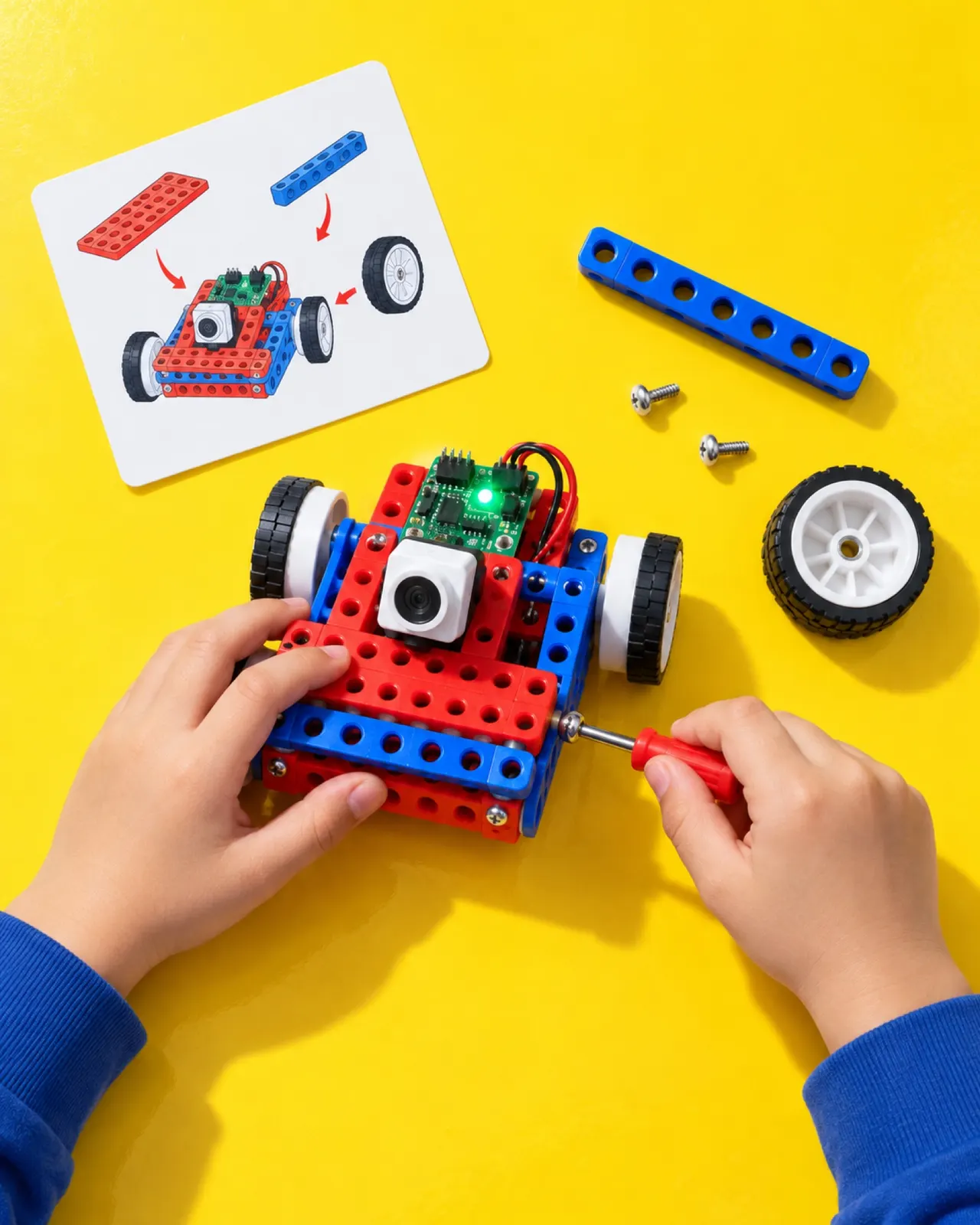 組み立ての途中のロボットに、小さなねじ回しでねじを留める子どもの手（写真は見本）