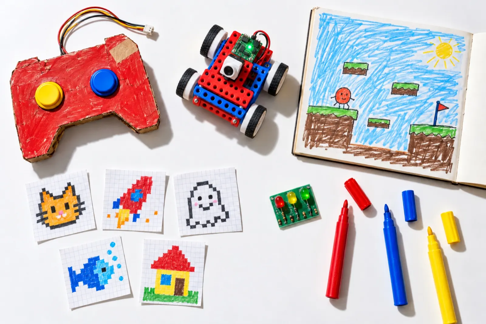 生徒の作品を並べた写真。段ボールでつくったゲームのコントローラー、ロボット、ゲームの面を描いたスケッチブック、方眼紙のドット絵、光る基板（写真は見本）