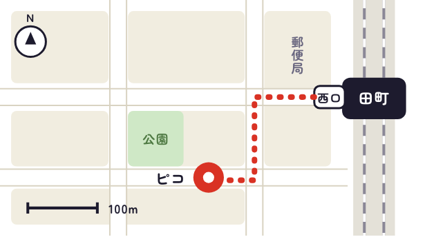 田町駅の西口から教室までの道。西口を出て西へ進み、2つ目の角を南へ曲がった先の左（地図は見本）
