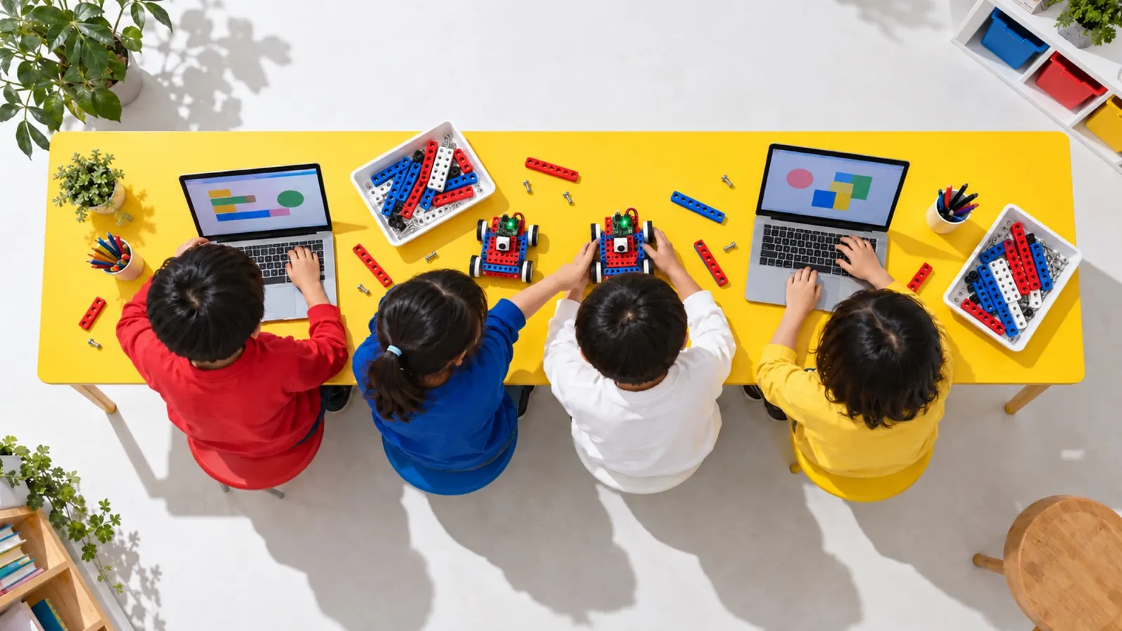 黄色の長い机で、4人の子どもがパソコンやロボットで作業しているところを真上から（写真は見本）