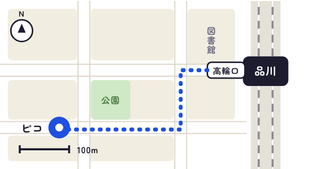品川駅の高輪口から教室までの道。高輪口を出て西へ進み、2つ目の角を南へ曲がって西へ進んだ先（地図は見本）