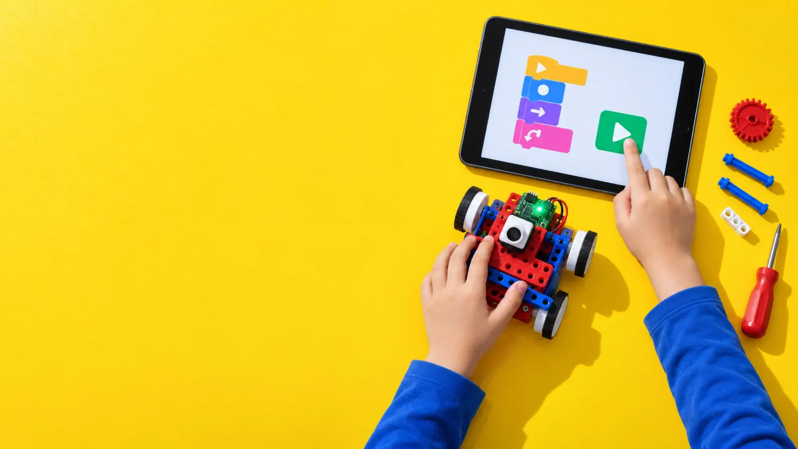 黄色の机で、子どもが片手で赤と青のロボットをおさえ、もう片方の指でタブレットの「スタート」を押すところ（写真は見本）